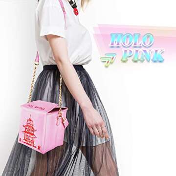Fashion Crossbody Shoulder Bag, i5 Chinese Takeout Box Purse with Comfortable Chain Strap (holo-pink)