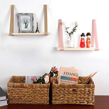 YOYAI Leather Strap Wood Floating Wall Shelf Wooden Shleves Wall Organizer Wall Mount Shelf Home Decor Kitchen Living Room Bedroom(Pink Set of 1)