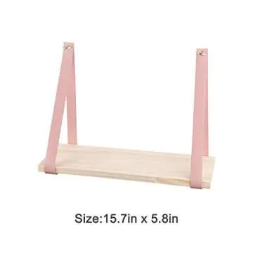 YOYAI Leather Strap Wood Floating Wall Shelf Wooden Shleves Wall Organizer Wall Mount Shelf Home Decor Kitchen Living Room Bedroom(Pink Set of 1)