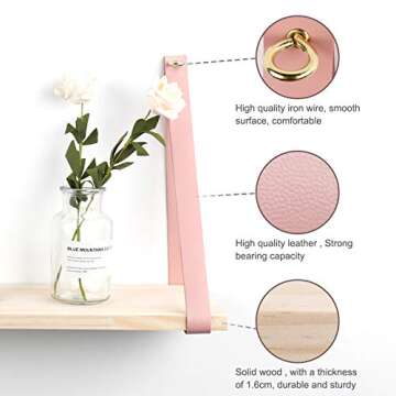 YOYAI Leather Strap Wood Floating Wall Shelf Wooden Shleves Wall Organizer Wall Mount Shelf Home Decor Kitchen Living Room Bedroom(Pink Set of 1)