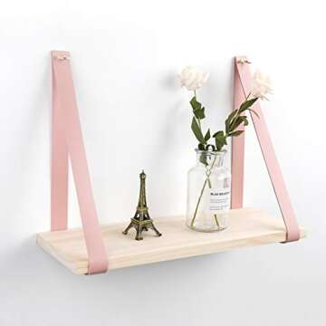 YOYAI Leather Strap Wood Floating Wall Shelf Wooden Shleves Wall Organizer Wall Mount Shelf Home Decor Kitchen Living Room Bedroom(Pink Set of 1)