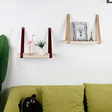 YOYAI Leather Strap Wood Floating Wall Shelf Wooden Shleves Wall Organizer Wall Mount Shelf Home Decor Kitchen Living Room Bedroom(Pink Set of 1)