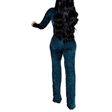 LightlyKiss Women's Sexy Sparkly Deep V-Neck Jumpsuits Long Sleeve High Waist ClubWear Loose Pants with Belt Blue