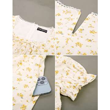 Vintage Floral Dress for Women Floral Print Dress Smocked Waist Midi Dress with Pockets Yellow S