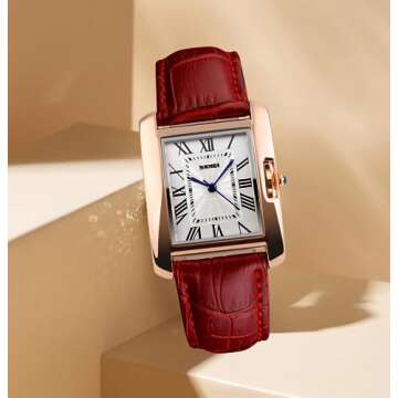 FANMIS Womens Watches Rose Gold Case Roman Numeral Luxury Wristwatch Square Brown Leather Strap Watch (Red)