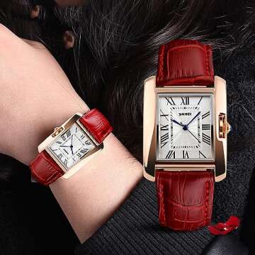 FANMIS Womens Watches Rose Gold Case Roman Numeral Luxury Wristwatch Square Brown Leather Strap Watch (Red)