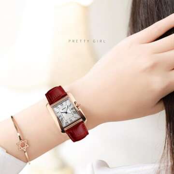 FANMIS Womens Watches Rose Gold Case Roman Numeral Luxury Wristwatch Square Brown Leather Strap Watch (Red)