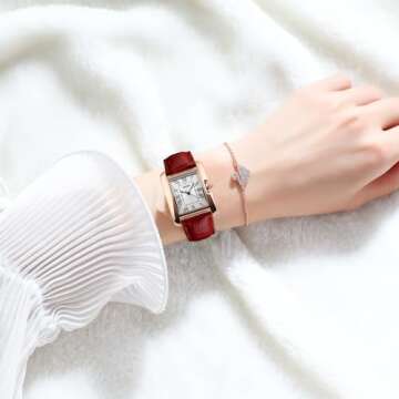 FANMIS Womens Watches Rose Gold Case Roman Numeral Luxury Wristwatch Square Brown Leather Strap Watch (Red)