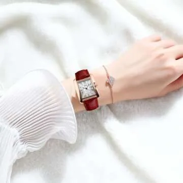 FANMIS Womens Watches Rose Gold Case Roman Numeral Luxury Wristwatch Square Brown Leather Strap Watch (Red)