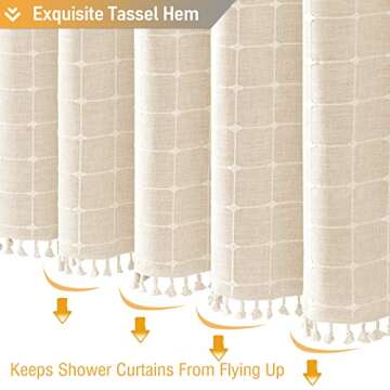 BTTN Boho Farmhouse Shower Curtain Set with Tassel - Linen Rustic Heavy Duty Fabric, Water Repellent, Modern Bohemian French Country Thick Bathroom Shower Curtains - Cream/Beige, 72x72