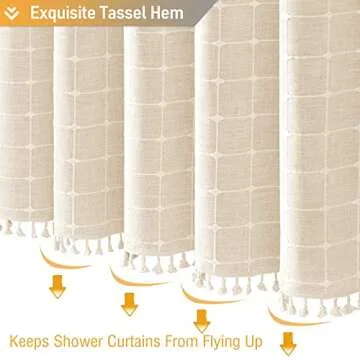 BTTN Boho Farmhouse Shower Curtain Set with Tassel - Linen Rustic Heavy Duty Fabric, Water Repellent, Modern Bohemian French Country Thick Bathroom Shower Curtains - Cream/Beige, 72x72