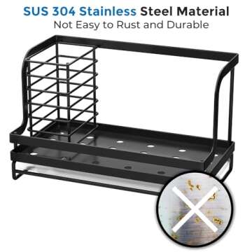 ODesign Sink Caddy,Kitchen sink Organizer Caddy Holder with Drain Pan Sponge Scrubber Brush Kitchen Caddy for Countertop Sponge Holder for Kitchen Sink,SUS304 Stainless Steel Rustproof - Black
