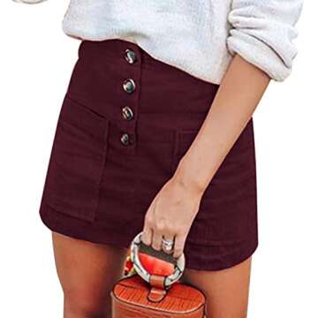 Susupeng Women High Waist Soft Faux Suede Button Down Skirt Slim Back Zip Side Pocket Mini Skirts (S...