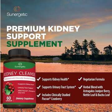 Premium Kidney Cleanse Supplement – Powerful Kidney Support Formula with Cranberry Extract Helps Support Healthy Kidneys & Urinary Tract Support– 60 Vegetarian Capsules