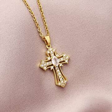 Aisza Gold Cross Necklace for Women - Handmade CZ Dainty Faith Pendant Necklace, 18K Plated Hypoalle...