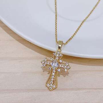 Aisza Gold Cross Necklace for Women - Handmade CZ Dainty Faith Pendant Necklace, 18K Plated Hypoallergenic Jewelry Gifts (Statement Cross Gold)