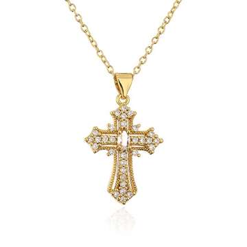 Aisza Gold Cross Necklace for Women - Handmade CZ Dainty Faith Pendant Necklace, 18K Plated Hypoallergenic Jewelry Gifts (Statement Cross Gold)