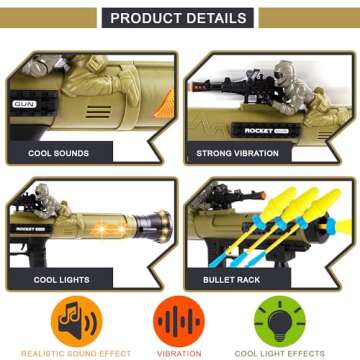 ArtCreativity Toy Rocket Launcher, RPG Gun with 3 Foam Rockets, Light Up Rocket Launcher Gun for Kids, Cool Sound, Vibration, & LED Effects, Military Pretend Play Bazooka Toys for Boys
