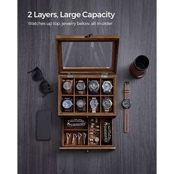 SONGMICS 8-Slot Watch Box, 2-Tier Watch Display Case with Large Glass Lid, Removable Watch Pillows, Velvet Lining, Jewelry Box, Gift Idea, Rustic Walnut UJOW008K01