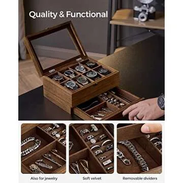 SONGMICS 8-Slot Watch Box, 2-Tier Watch Display Case with Large Glass Lid, Removable Watch Pillows, Velvet Lining, Jewelry Box, Gift Idea, Rustic Walnut UJOW008K01