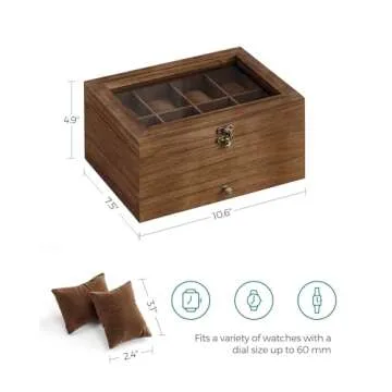 SONGMICS 8-Slot Watch Box, 2-Tier Watch Display Case with Large Glass Lid, Removable Watch Pillows, Velvet Lining, Jewelry Box, Gift Idea, Rustic Walnut UJOW008K01
