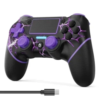 VidPPluing Wireless Controller for PS4/Pro/Slim - 6-Axis, USB-C Charging, Stylish Purple Lightning D...