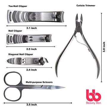 Manicure Pedicure Set Nail Clippers - 10 Piece Stainless Steel Hygiene Kit - Toenail Clippers Includes Cuticle Remover with Portable Travel Case Beauty Care Tools - Beauty Bon