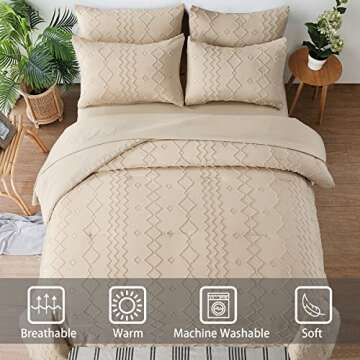 WONGS BEDDING Boho Comforter Set Queen, Beige Tufted Bed in a Bag 7 Pieces with Comforters and Sheet...