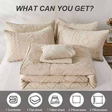 WONGS BEDDING Boho Comforter Set Queen, Beige Tufted Bed in a Bag 7 Pieces with Comforters and Sheets, Soft Microfiber Farmhouse Bedding Set, Geometry Embroidery Bed Set for All Season(Beige,Queen)