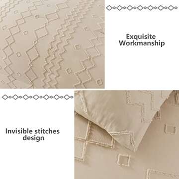 WONGS BEDDING Boho Comforter Set Queen, Beige Tufted Bed in a Bag 7 Pieces with Comforters and Sheets, Soft Microfiber Farmhouse Bedding Set, Geometry Embroidery Bed Set for All Season(Beige,Queen)