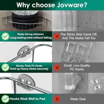 Jovware Shower Caddy Adhesive Replacement Stickers Sticker Shelf Basket Strips Suction Hooks Large Strong Hook for Bathroom Storage Corner Transparent Shelves Wall Mount 2 Hooks 6 1/2"