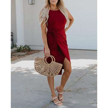 NOLLSOM Women Casual Sleeveless Striped Tank Midi Dresses Halter Neck Ruched Bodycon DressesTie Waist T Shirt Summer Dress (Small, Solid Wine Red)
