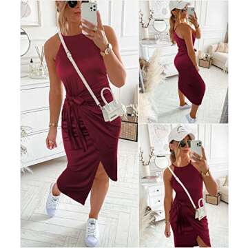 NOLLSOM Women Casual Sleeveless Striped Tank Midi Dresses Halter Neck Ruched Bodycon DressesTie Waist T Shirt Summer Dress (Small, Solid Wine Red)
