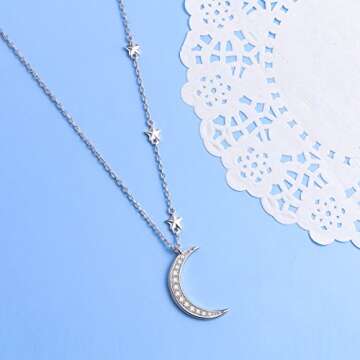 925 Sterling Silver Crescent Moon and Star Celestial Jewelry CZ White Shell Beads Mother of Pearl Pendant Necklace Rolo Chain 18 inches to 20 inches