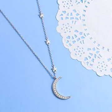 925 Sterling Silver Crescent Moon and Star Celestial Jewelry CZ White Shell Beads Mother of Pearl Pendant Necklace Rolo Chain 18 inches to 20 inches