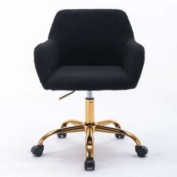 Mcltopz Faux Fur Home Office Chair, Modern Furry Office Chair, 360° Swivel Height Adjustable Desk Chair w/Gold Metal Leg, Comfy Vanity Makeup Chair Computer Task Chair for Home Office (Black)