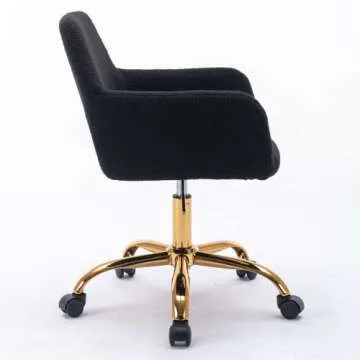 Mcltopz Faux Fur Home Office Chair, Modern Furry Office Chair, 360° Swivel Height Adjustable Desk Chair w/Gold Metal Leg, Comfy Vanity Makeup Chair Computer Task Chair for Home Office (Black)