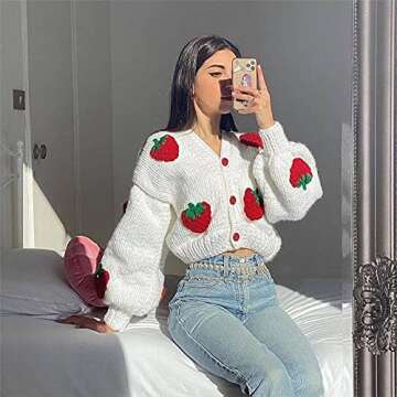 KMBANGI Women Button Down Sweater V Neck Cable Knit Crop Cardigan Cute Oversized Jumper Pullover Top Aesthetic Clothes(Strawberry White,M)
