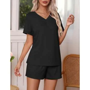 Ekouaer Pajamas Set Women's Short Sleeve Loungewear 2 Piece PJ Shorts Sets Soft Sleepwear with Pockets,Black,Large