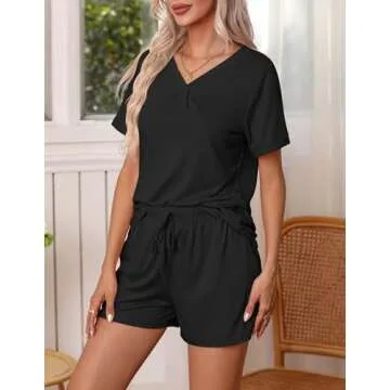 Ekouaer Pajamas Set Women's Short Sleeve Loungewear 2 Piece PJ Shorts Sets Soft Sleepwear with Pockets,Black,Large