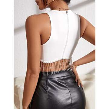 Milumia Women Rhinestone Fringe Zip Back Sleeveless Round Neck Fitted Crop Tank Tops A White Large