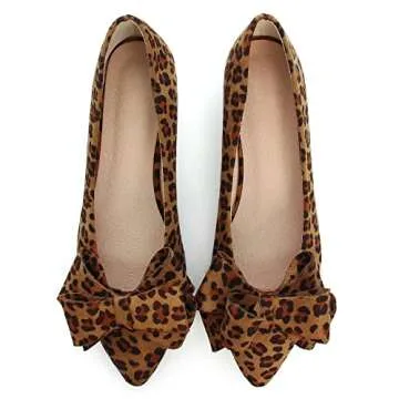 SAILING LU Bow-Knot Ballet Flats Womens Pointy Toe Flat Shoes Suede Dress Shoes Wear to Work Slip On Moccasins Leopard Brown Size 8