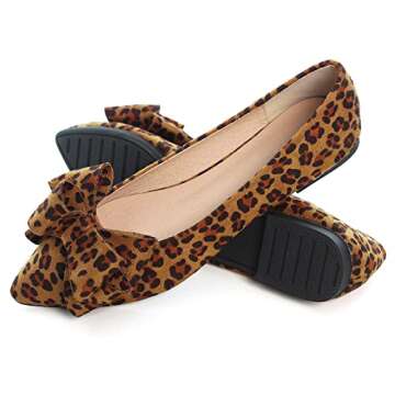 SAILING LU Bow-Knot Ballet Flats Womens Pointy Toe Flat Shoes Suede Dress Shoes Wear to Work Slip On Moccasins Leopard Brown Size 8