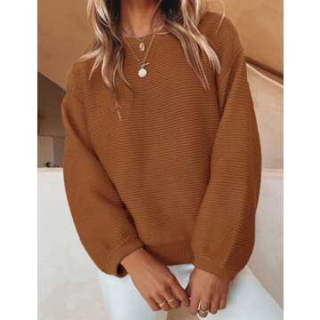ZESICA Women's Crew Neck Long Lantern Sleeve Casual Loose Ribbed Knit Solid Soft Pullover Sweater Tops,Brown,Small