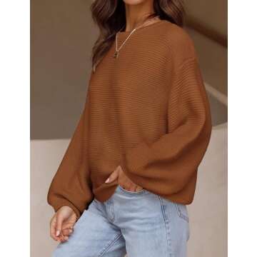 ZESICA Women's Crew Neck Long Lantern Sleeve Casual Loose Ribbed Knit Solid Soft Pullover Sweater Tops,Brown,Small