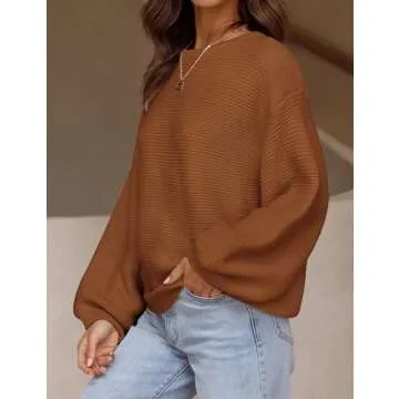 ZESICA Women's Crew Neck Long Lantern Sleeve Casual Loose Ribbed Knit Solid Soft Pullover Sweater Tops,Brown,Small