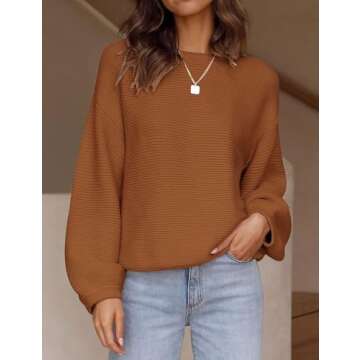 ZESICA Women's Crew Neck Long Lantern Sleeve Casual Loose Ribbed Knit Solid Soft Pullover Sweater Tops,Brown,Small