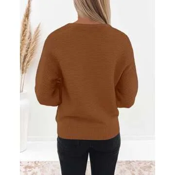ZESICA Women's Crew Neck Long Lantern Sleeve Casual Loose Ribbed Knit Solid Soft Pullover Sweater Tops,Brown,Small