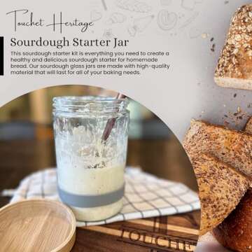 Touchet Heritage Sourdough Starter Jar (32oz) | Sourdough Starter Kit | Thick, Durable Glass w/Bamboo Lid | 6.5” x 4" | Wide Mouth Glass Jar for Sourdough with Wooden Spoon & Silicone Measuring Band
