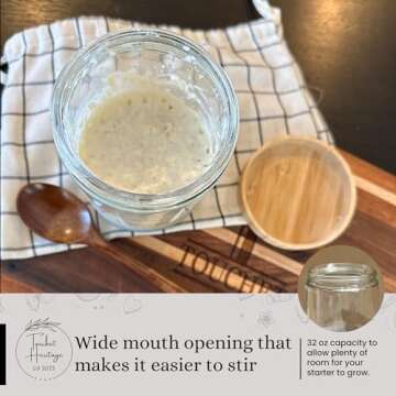 Touchet Heritage Sourdough Starter Jar (32oz) | Sourdough Starter Kit | Thick, Durable Glass w/Bamboo Lid | 6.5” x 4" | Wide Mouth Glass Jar for Sourdough with Wooden Spoon & Silicone Measuring Band